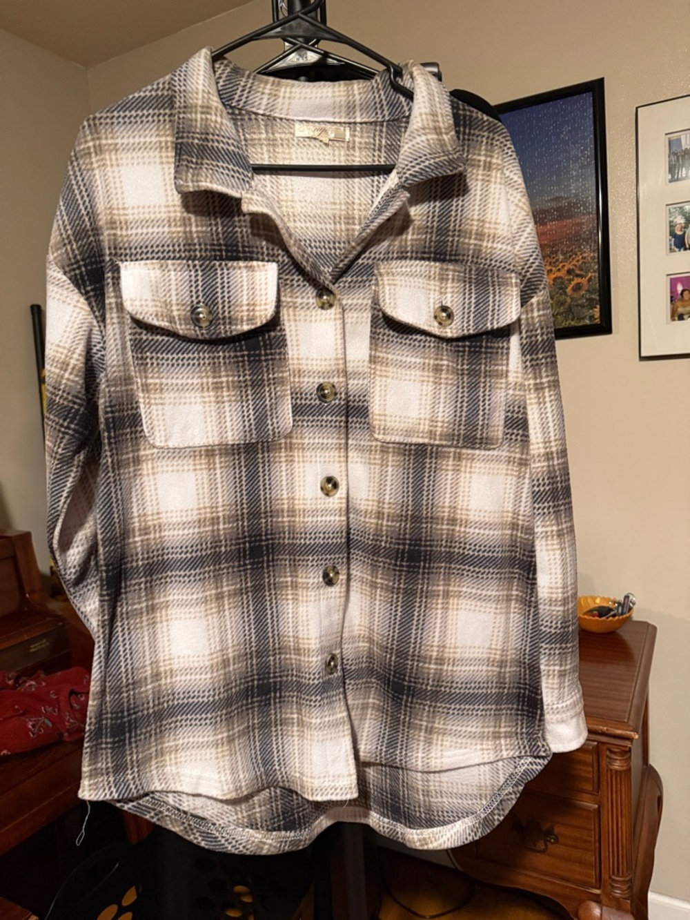 NYC Neutral Plaid Button-Front Shacket in Cream, Black & Tan
